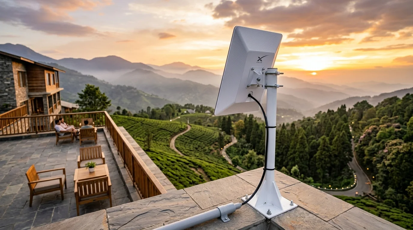 Starlink satellite dish terminal installed on a mountain resort rooftop terrace in India