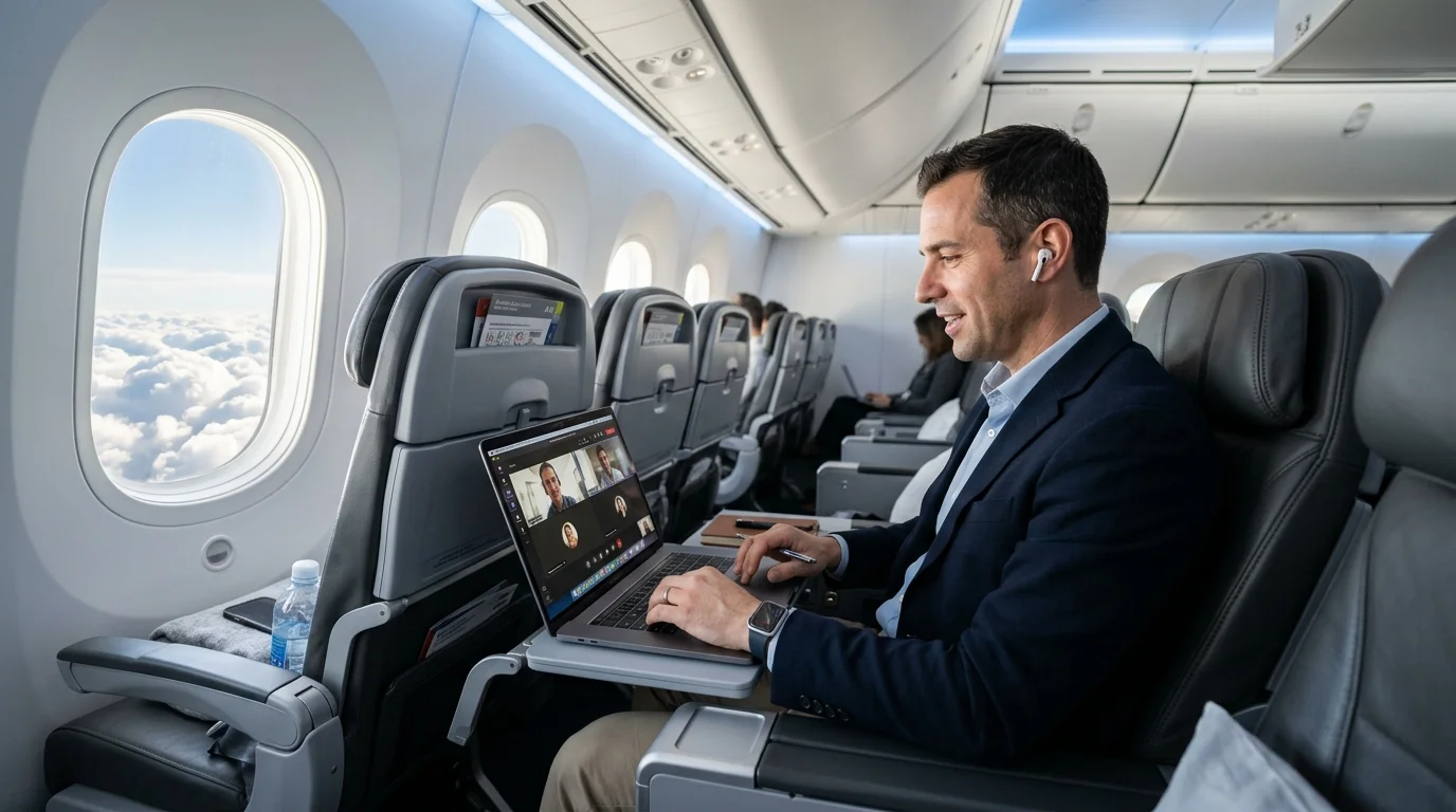 Passenger working on high-speed in-flight Wi-Fi aboard modern airliner